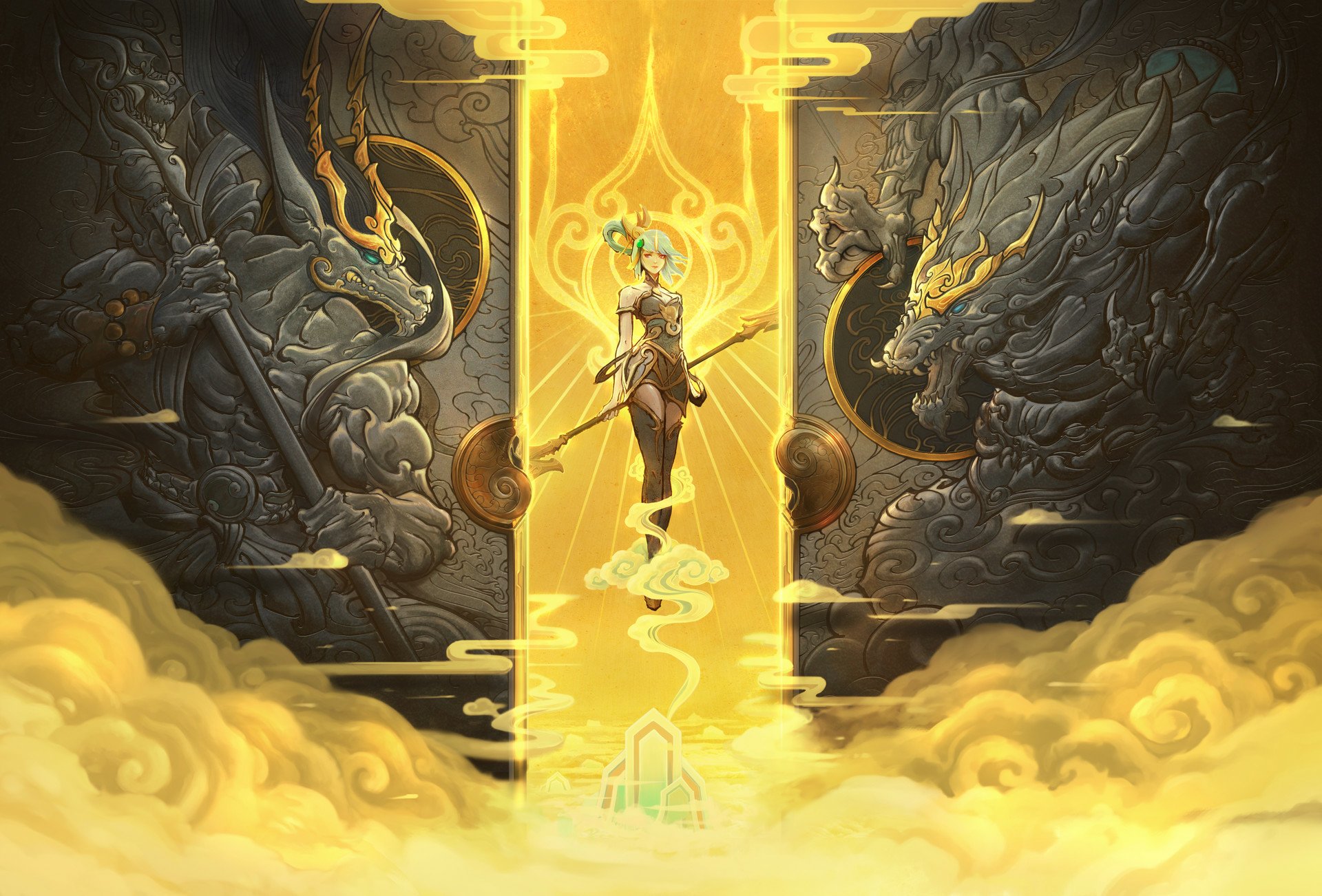 HD PC desktop wallpaper featuring Lux from the video game League of Legends, glowing with radiant light between two ancient dragon statues in a mystical setting.