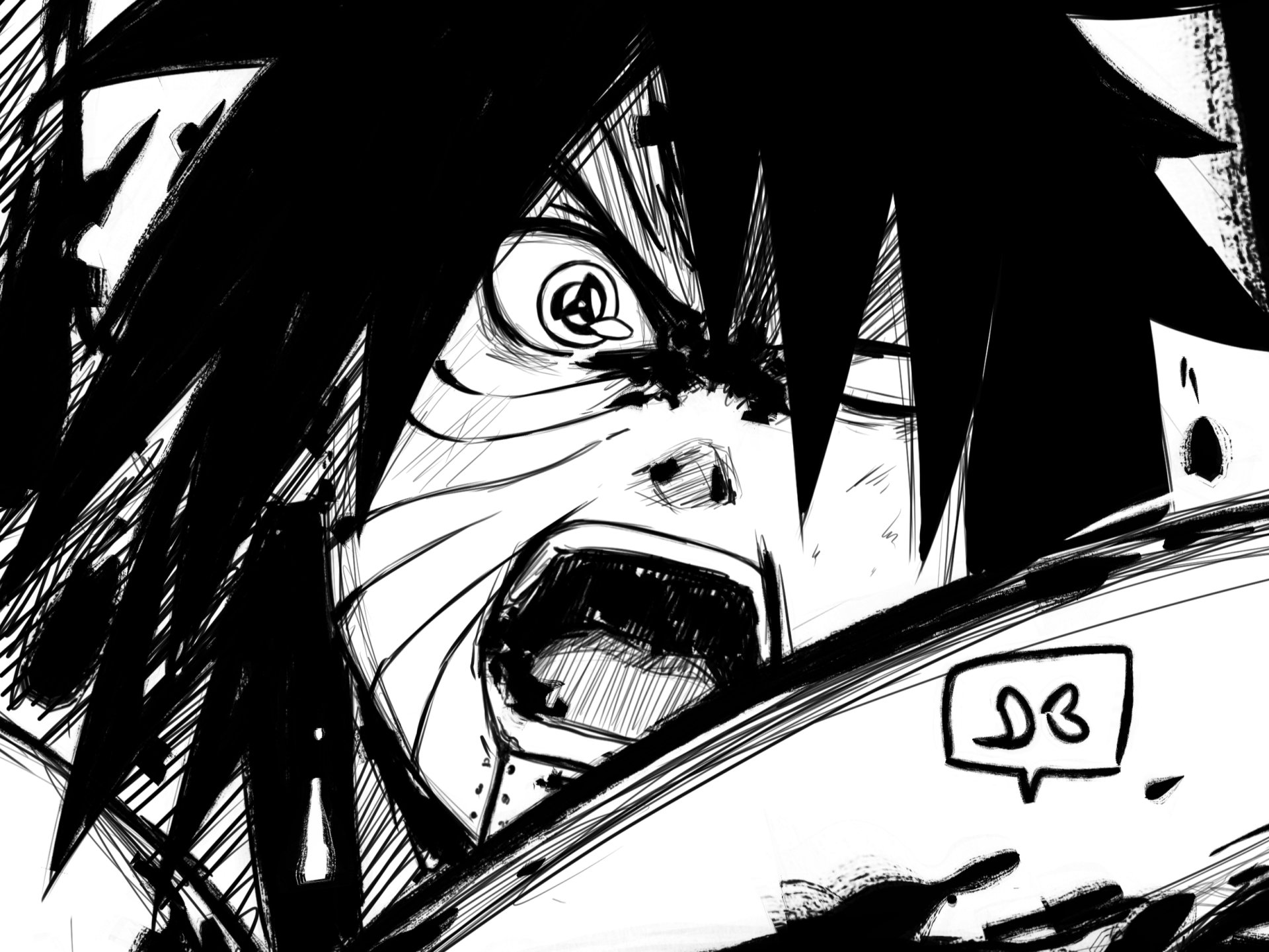 Black and white HD anime wallpaper featuring an intense close-up of Obito Uchiha from Naruto with his Sharingan eye activated.