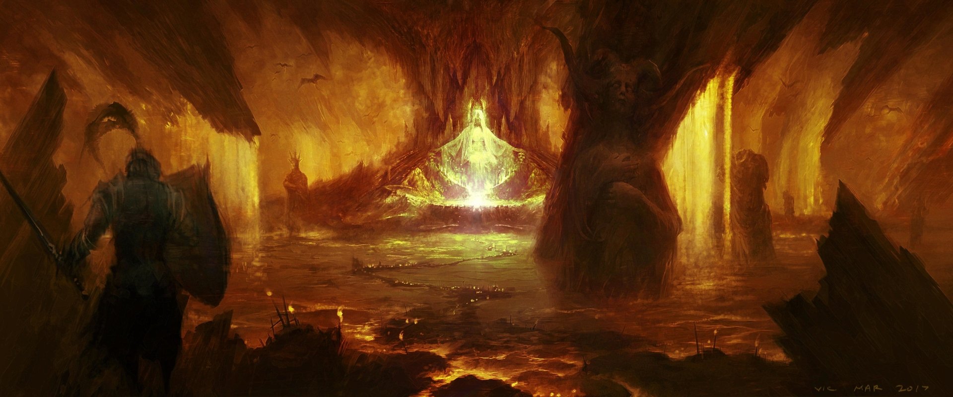 HD PC desktop wallpaper featuring a fiery cavern scene from Diablo IV, showcasing a demon knight in a dark, hellish environment.