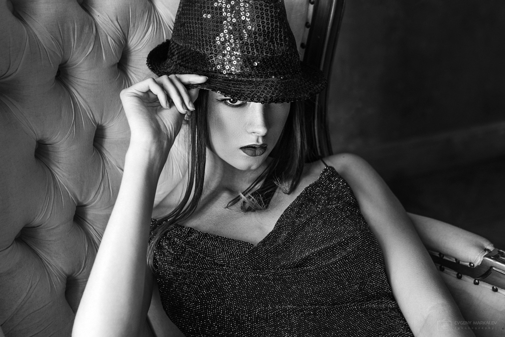 Download Hat Lipstick Black & White Woman Model HD Wallpaper by Evgeny Markalev