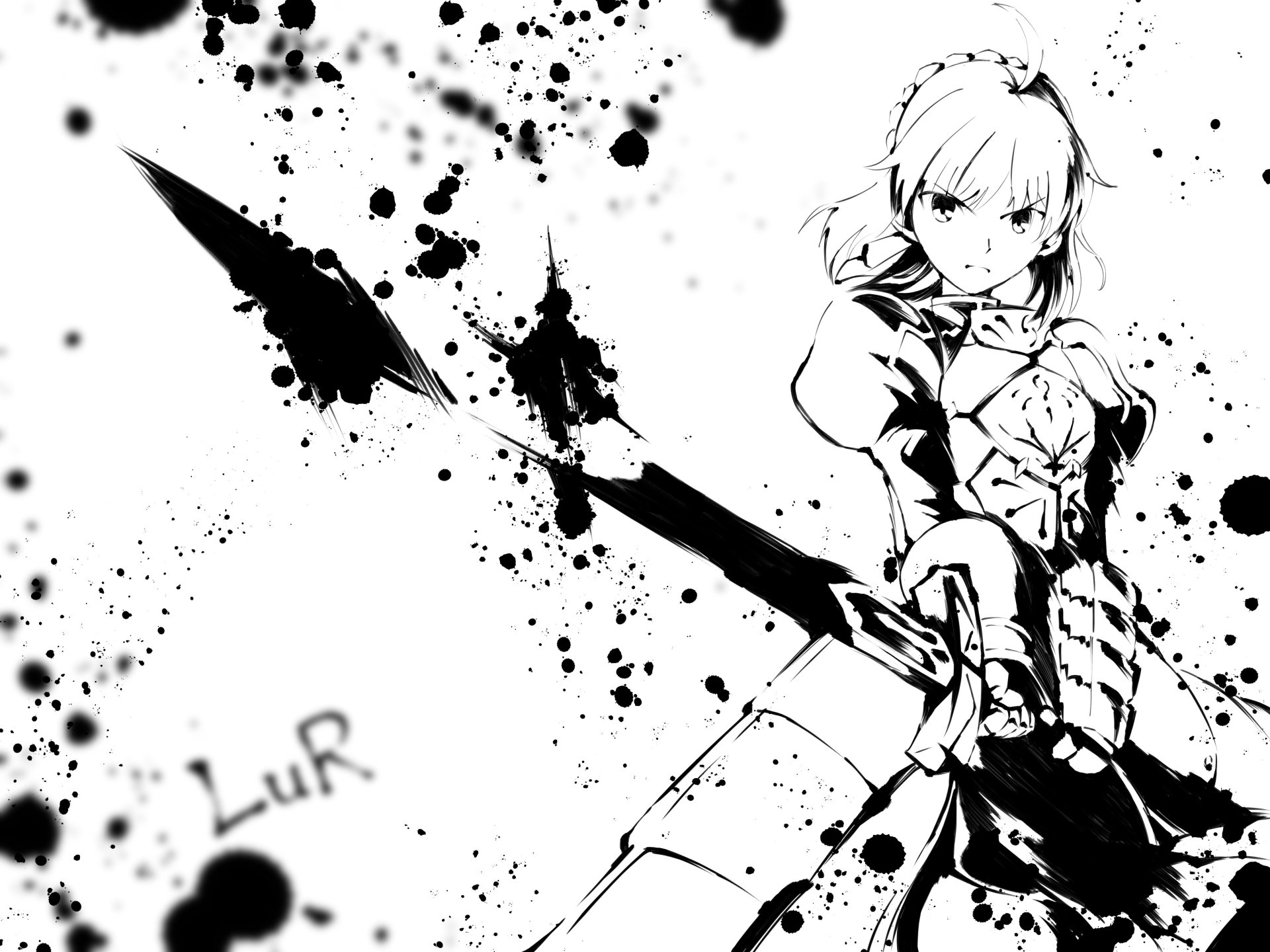 Black and white 4K Ultra HD anime wallpaper featuring Saber (Artoria Pendragon) from Fate/Stay Night, wielding her sword with ink splatter effects in the background.