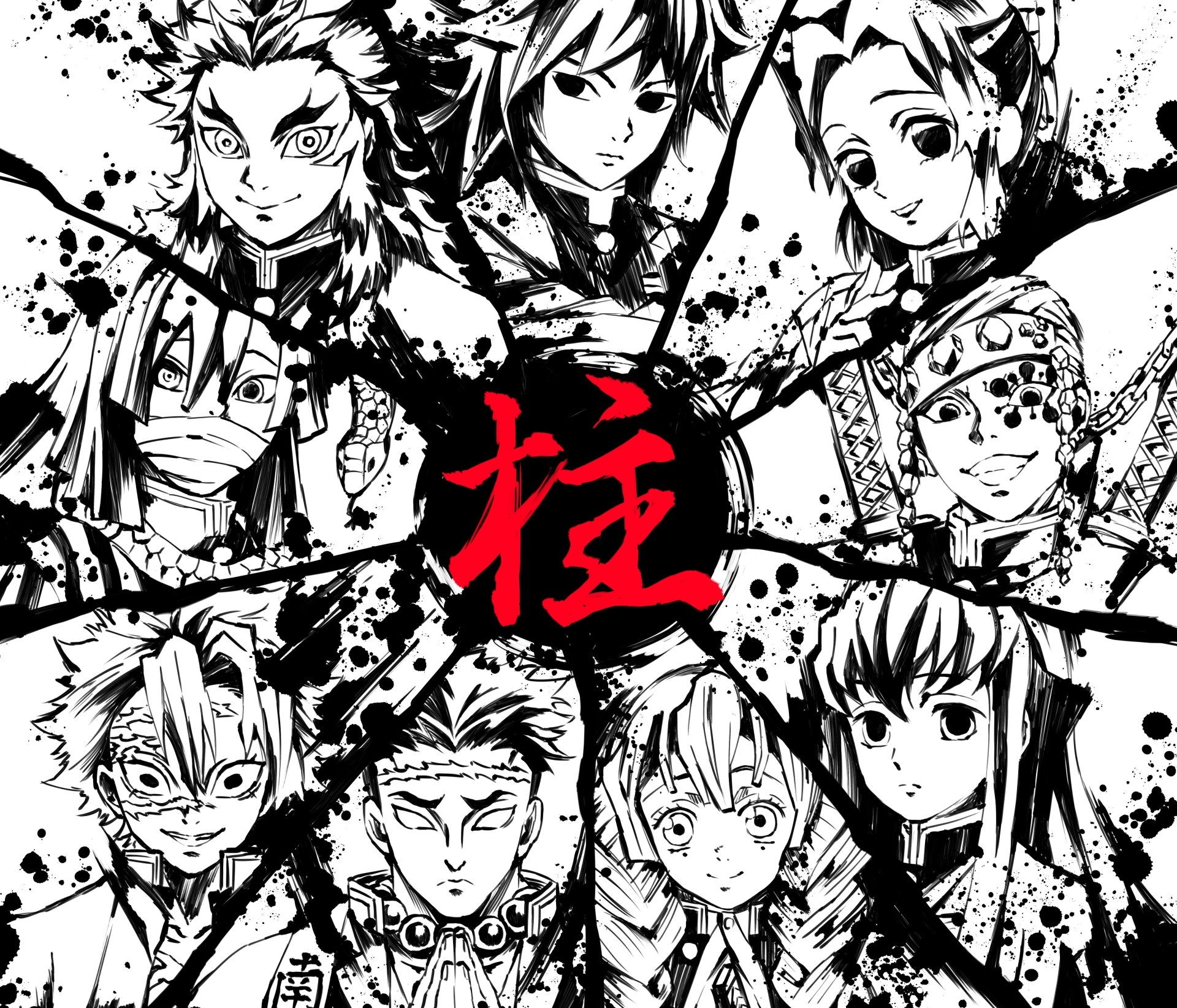 HD desktop wallpaper featuring illustrated characters Tengen Uzui, Shinobu Kochou, Sanemi Shinazugawa, Obanai Iguro, Muichiro Tokito, Mitsuri Kanroji, Kyojuro Rengoku, Gyomei Himejima, and Giyuu Tomioka from Demon Slayer: Kimetsu no Yaiba.