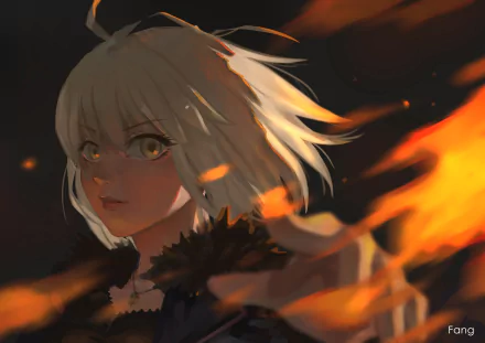 HD anime desktop wallpaper of Jeanne d'Arc Alter from Fate/Grand Order, featuring her short hair, yellow eyes, a necklace, and glowing flames around her.