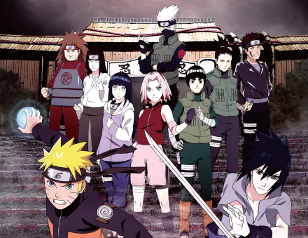HD anime desktop wallpaper of Naruto characters — Naruto Uzumaki, Sasuke Uchiha, Sakura, Hinata, Kakashi, Neji, Rock Lee, Kiba, Chōji Akimichi and Shikamaru Nara posing in Konoha.