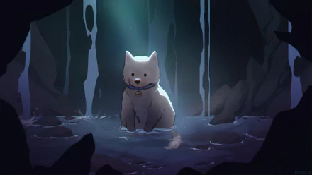 Sven (Minecraft) sits in a moonlit cave pool, soft beams highlighting his collar — 2K Quad HD PC desktop wallpaper and background from the video game Minecraft.