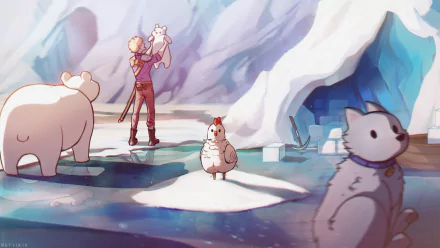 HD PC desktop wallpaper featuring Sven from Minecraft standing on icy terrain with animals including a polar bear, chicken, and wolf in a snowy video game setting.