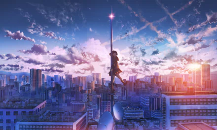 Anime character leaping over a sunlit cityscape at dusk, set against a dramatic sky in a high-definition desktop wallpaper.