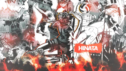 HD PC desktop wallpaper featuring Shōyō Hinata from the anime Haikyū!! in dynamic volleyball action with vibrant red and black tones.