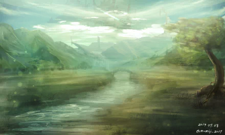 Anime-style HD landscape wallpaper featuring a serene river flowing through a misty valley with distant mountains and trees, rendered in original digital art.