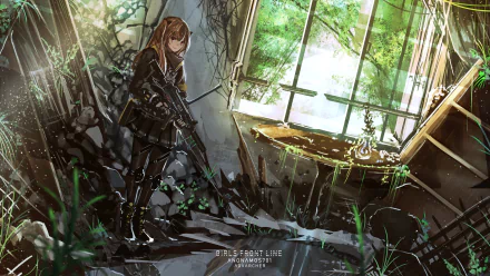 UMP9 from the video game Girls Frontline stands armed in a sunlit, overgrown abandoned room, featured in an HD PC desktop wallpaper and background.