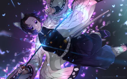 HD desktop wallpaper of Shinobu Kochou from Demon Slayer: Kimetsu no Yaiba, depicting her in an action pose amid glowing butterflies and a dark, ethereal background.