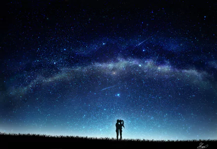 Anime couple stands embraced beneath a vast, starry night sky with the Milky Way stretching across this 4K Ultra HD desktop wallpaper.