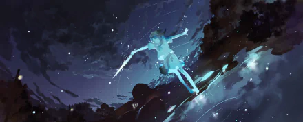 HD desktop wallpaper featuring an original anime illustration of a girl with a wand floating in a dreamy, night sky setting full of stars and swirling lights.