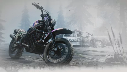 4K Ultra HD PC wallpaper featuring a detailed motorcycle from the video game Days Gone, set against a foggy, post-apocalyptic background with a police car in the distance.