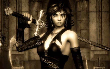 HD desktop wallpaper featuring a character from The Elder Scrolls IV: Oblivion holding a sword, with an intense and determined look set against a medieval backdrop.