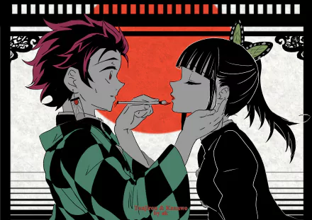 HD wallpaper featuring Kanao Tsuyuri and Tanjiro Kamado from Demon Slayer: Kimetsu no Yaiba against a red backdrop.