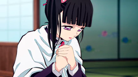 HD desktop wallpaper featuring an anime character from Demon Slayer: Kimetsu no Yaiba, showing a girl with black hair and violet eyes, looking down thoughtfully with hands clasped.