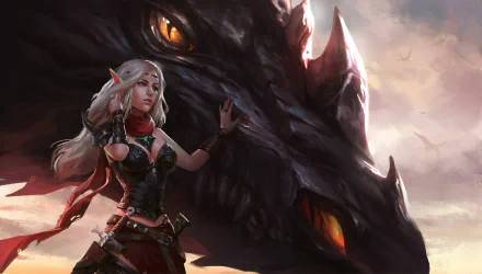 A blonde elf woman warrior with pointed ears stands confidently beside a massive dragon, set against a dramatic fantasy sky in 4K Ultra HD.