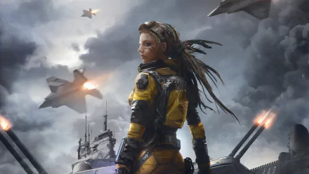 A fierce woman warrior with dreadlocks stands on a futuristic battlefield as jet fighters soar through a stormy sci-fi sky in this 4K Ultra HD desktop wallpaper.