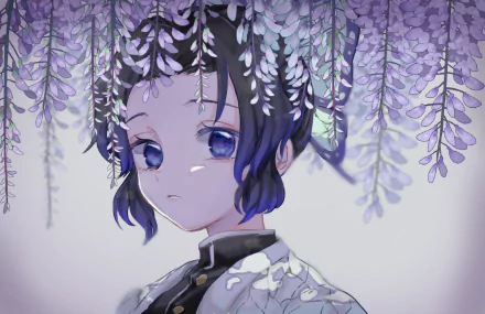 HD PC wallpaper of Shinobu Kochou from Demon Slayer: Kimetsu no Yaiba, featuring her delicate expression framed by cascading purple wisteria flowers.