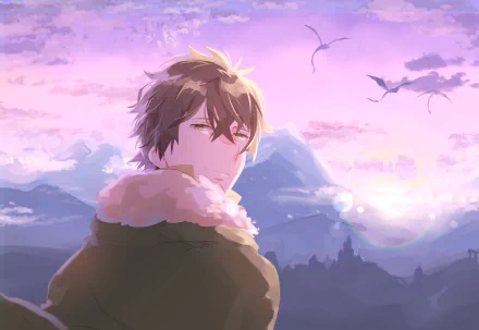 4K Ultra HD anime wallpaper featuring Naofumi Iwatani from The Rising of the Shield Hero against a serene mountain and sunset background.