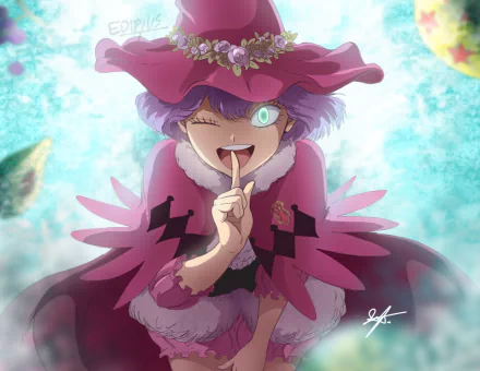 HD wallpaper featuring Dorothy Unsworth from the anime Black Clover, portrayed with purple hair, a magical eye, and a whimsical hat, set against a vibrant, colorful background.
