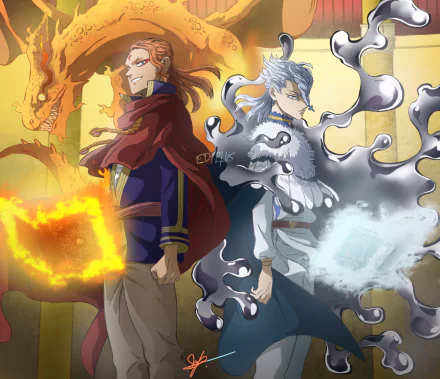 Nozel Silva and Fuegoleon Vermillion from Black Clover stand back-to-back, each wielding fiery and icy magical powers in this HD anime desktop wallpaper.