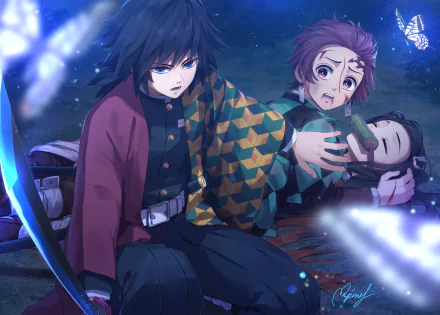 HD desktop wallpaper featuring Nezuko Kamado lying injured in Tanjiro Kamado's embrace, with a protective Giyuu Tomioka from the anime Demon Slayer: Kimetsu no Yaiba.
