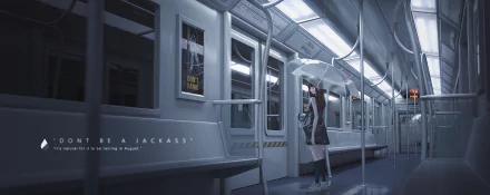 An anime girl in a school uniform stands sadly with an umbrella on an empty train, featured in a high-definition desktop wallpaper.