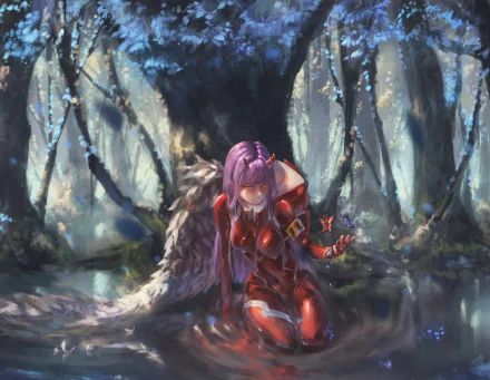 HD anime desktop wallpaper featuring Zero Two from Darling in the FranXX, kneeling in a mystical forest with glowing light filtering through the trees.