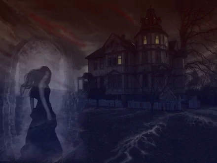 A dark, haunted house looms in the background, illuminated by eerie light. A ghostly figure in a flowing dress adds to the chilling atmosphere of this HD desktop wallpaper.