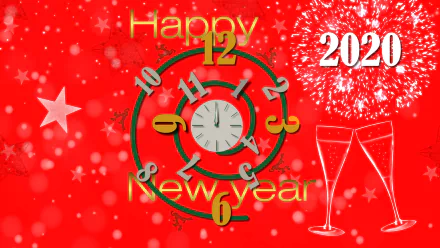 Bright red 4K Ultra HD New Year 2020 wallpaper featuring festive clock, fireworks, champagne glasses, and Happy New Year text celebrating the holiday.