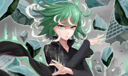 4K Ultra HD PC desktop wallpaper featuring Tatsumaki from One-Punch Man, depicted with floating debris and her iconic green hair in dynamic anime style.