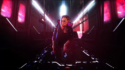 A striking 4K Ultra HD PC desktop wallpaper depicting a character from the video game Cyberpunk 2077 in a neon-lit, futuristic corridor.