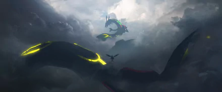 HD desktop wallpaper featuring Rayquaza from Pokémon, depicted flying dramatically among dark, stormy clouds.