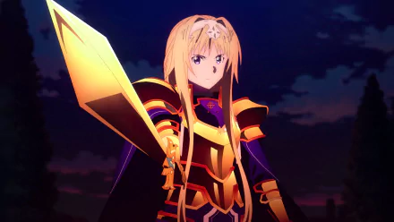 HD PC desktop wallpaper featuring Alice Zuberg in armor from Sword Art Online: Alicization - War of Underworld anime, showcasing bold colors and a dramatic night sky.