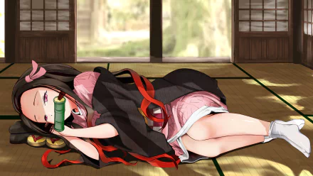 HD desktop wallpaper featuring Nezuko Kamado from Demon Slayer: Kimetsu no Yaiba lying on a traditional tatami floor in an anime-style scene.