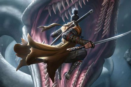 HD PC wallpaper featuring a samurai warrior wielding katanas, facing a monstrous creature, inspired by the video game Sekiro: Shadows Die Twice.