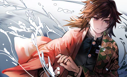HD desktop wallpaper featuring Giyuu Tomioka from the anime Demon Slayer: Kimetsu no Yaiba, showcasing dynamic water elements with striking detail.