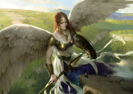 HD PC wallpaper: orange‑haired angelic woman warrior from Clash Of Wonders, wings spread, holding a spear and shield over a sunlit battlefield — video game desktop background.