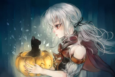 Anime-style Halloween wallpaper featuring a silver-haired girl holding a glowing jack-o'-lantern with a black cat inside, set against a dark, mystical background.