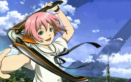 Anime HD PC desktop wallpaper from Shangri-La featuring a cheerful pink-haired character under a bright blue sky with scattered clouds.