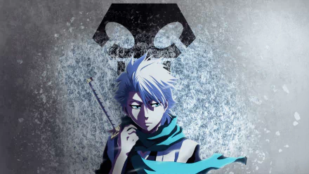 HD anime desktop wallpaper featuring Tōshirō Hitsugaya from Bleach, with icy blue tones and a shadowy emblem in the background.