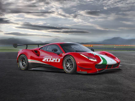 Red Ferrari 488 GT3 Evo supercar race car with Italian tricolour stripe and 2020 livery on a racetrack under dramatic clouds — 5K Ultra HD PC desktop wallpaper.