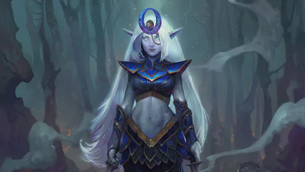 A white-haired, long-haired woman warrior with pointed ears stands in a dark fantasy forest, adorned in detailed blue and gold armor, rendered in 4K Ultra HD quality.