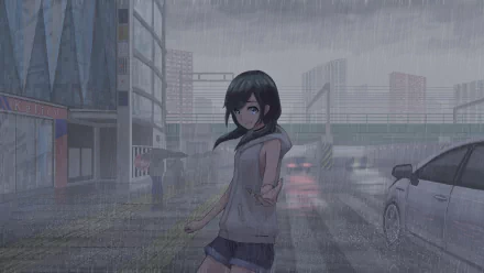 Hina Amano from the anime Weathering with You stands in the rain on a city street, captured in a high-definition PC desktop wallpaper.