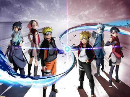 HD anime desktop wallpaper featuring Naruto Uzumaki, Sasuke Uchiha, Boruto, Sarada Uchiha, Mitsuki, and Sakura Haruno wielding Rasengan energy.