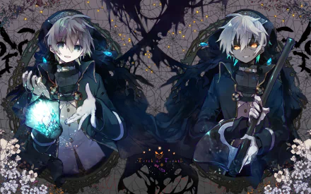 HD PC desktop wallpaper featuring original anime characters in Halloween-themed dark cloaks, surrounded by eerie jack-o'-lanterns and mystical glowing elements.