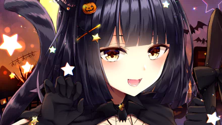 A Halloween-themed anime girl with dark hair, cat ears, and a mischievous smile. The background has Halloween decorations, including bats and pumpkins. This high-definition wallpaper exudes a festive, spooky atmosphere.