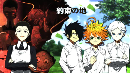 HD PC desktop wallpaper featuring Isabella, Norman, Ray, and Emma from the anime The Promised Neverland with a contrasting dark and bright background.